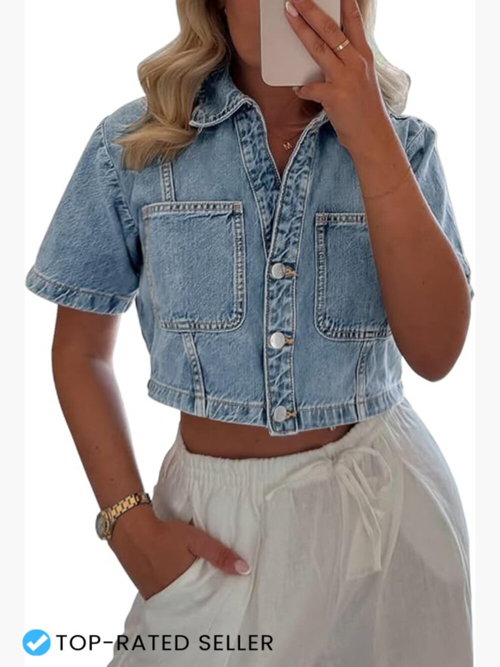 Cropped Denim Jacket Women Short Sleeve Button Down Chambray Shirt